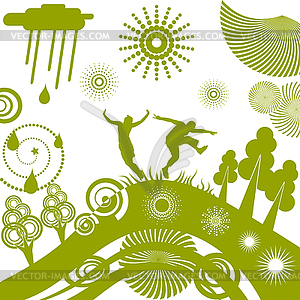 Green fancy background with silhouettes men and - color vector clipart