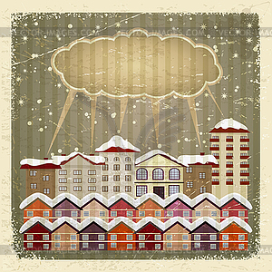 Vintage card with retro city and cloud. - vector clip art