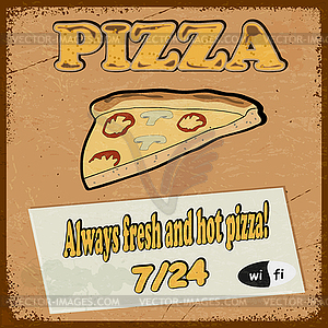 Vintage postcard with image pizza slice of pizza. - color vector clipart