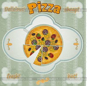 Vintage card with picture of pizza with cut piece - color vector clipart
