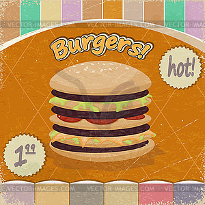 Vintage background with big hamburger - vector clipart