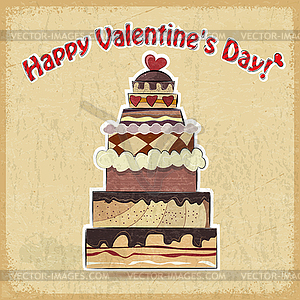 Vintage postcard showing big cake for Valentine`s - vector clipart
