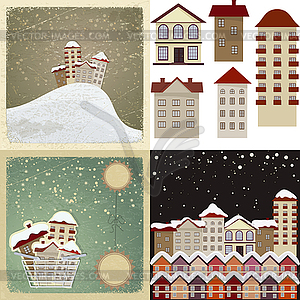 Set of vintage cards with images of houses - vector clipart