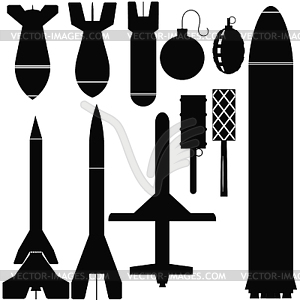 Set of bombs and rockets - vector image