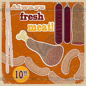 Vintage card with picture of meat products - vector clipart