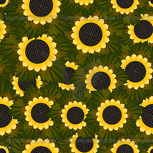 Seamless texture with sunflowers and green leaves - vector EPS clipart