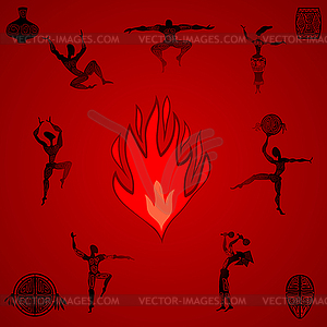 Primitive people dancing by fire - vector clipart