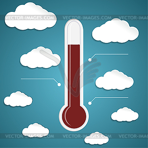 Abstract thermometer on blue background with clouds - vector clipart