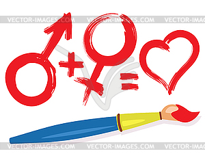 Female male heart symbols and paintbrush - vector clip art