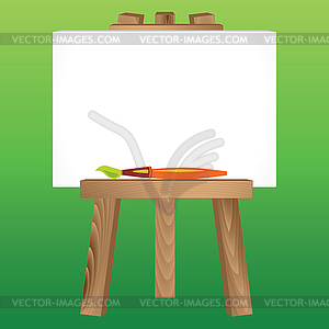 Wooden easel, canvas and painbrush - vector image