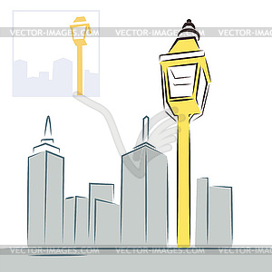 Ретро улица фонарь и современный город небоскребов - иллюстрация в векторе