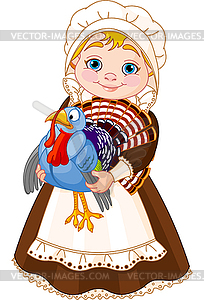 Pilgrim lady with turkey - vector clipart