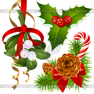 Christmas tree, mistletoe and holly - vector clip art