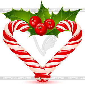 Christmas heart: candy canes and holly - vector image