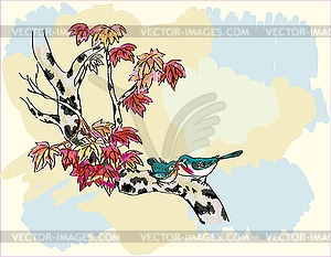 Birch ,bird , spring , postcard . - vector image