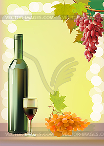 Ripe grapes, wine glass and bottle wine . - vector image