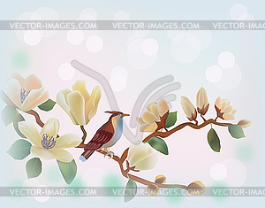  Blooming magnolia in spring, a bird sitting on a branc - vector image