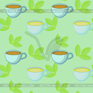 Seamless pattern with tea cups and leaves - vector clip art