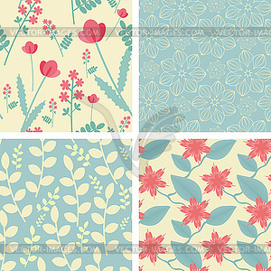 Four floral seamless patterns in light teal and red col - vector image