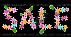 Sale word with flowers and leaves on black - vector image