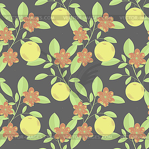 Seamless fruit and flowers pattern on dark - vector clipart