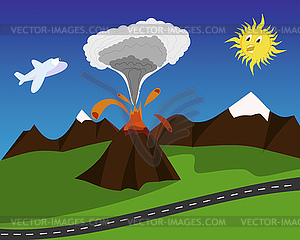 Cartoon volcano eruption - vector image