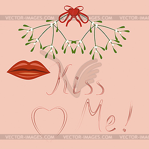 Kiss Me, lips and mistletoe branch - stock vector clipart