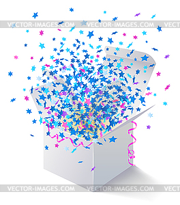 Белая раскрытая коробка с вылетающими звездочками - векторный клипарт / векторное изображение