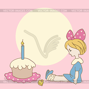 Birthday background with girl and cake - vector clipart / vector image