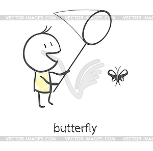 Мальчик ловит бабочку - изображение в векторе