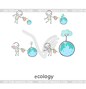 Concept of ecological restoration. man watering - royalty-free vector image