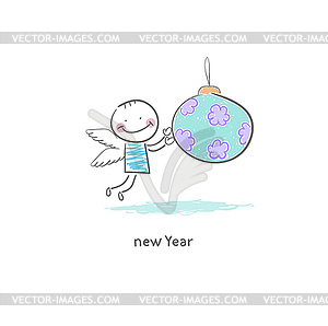 Angel and Christmas ball.  - vector clip art