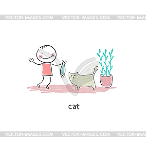 Man feeds cat fish.  - vector image