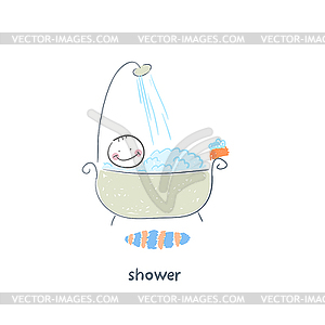 Человек принимает душ. - векторное изображение EPS