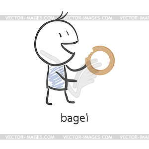 Cartoon guy eats bagel - color vector clipart