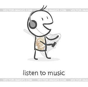 Мультяшный человек слушает музыку - изображение в векторном виде