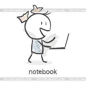 Cartoon girl and laptop - vector clip art