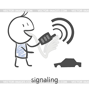 Cartoon boy puts car on alarm - vector clip art