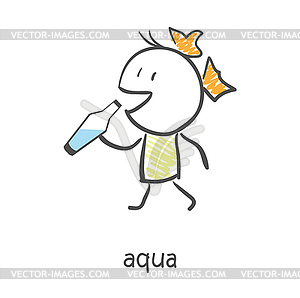 Girl Drinks Water of Bottle - vector clipart