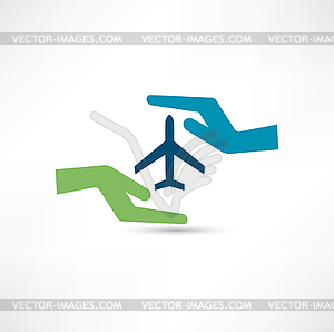 Hands and aircraft. concept of safe flight - vector clipart