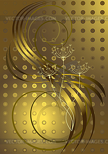 Flowers and wavy golden stripes on  brown background. - vector image