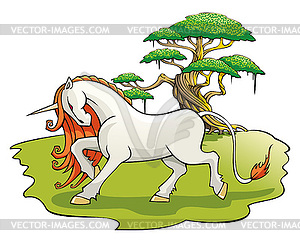 Mythical Unicorn in the enchanted forest - vector clipart