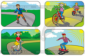 Children on wheels - color vector clipart