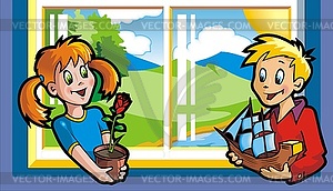 Girl and boy in front of window - vector EPS clipart