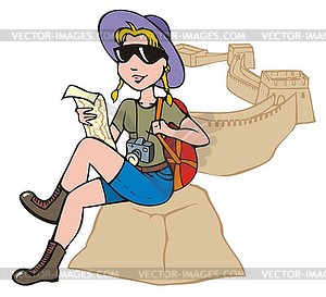 Female tourist exploring a map - vector image