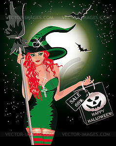 Halloween sale. Sexy witch and handbags. vector - vector image