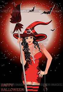 Happy Halloween. Sexy witch with broom,  - color vector clipart