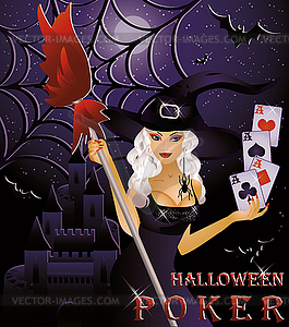 Halloween poker card with sexy witch,  - vector image