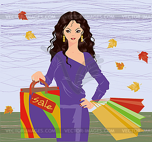 Autumn shopping brunette girl  - vector image