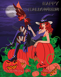 Happy Halloween card. Sexy witch with a pumpkin, vector - vector clip art